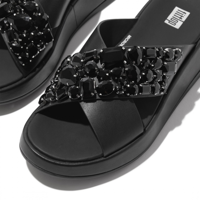 Fitflop F-Mode Leren Badslippers Dames Zwart | NL-DZV-418972