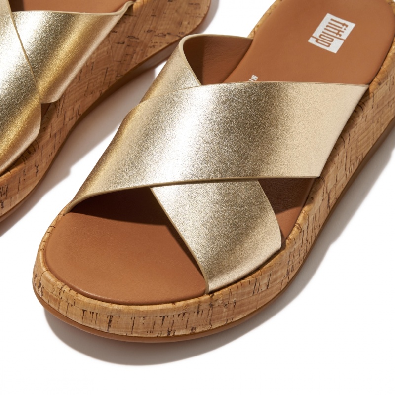 Fitflop F-Mode Metallic Cross Slides Badslippers Dames Goud | NL-RVG-278094