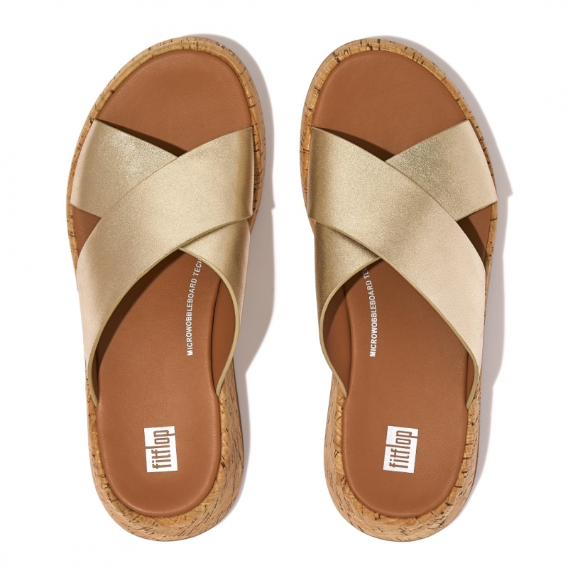 Fitflop F-Mode Metallic Cross Slides Badslippers Dames Goud | NL-RVG-278094