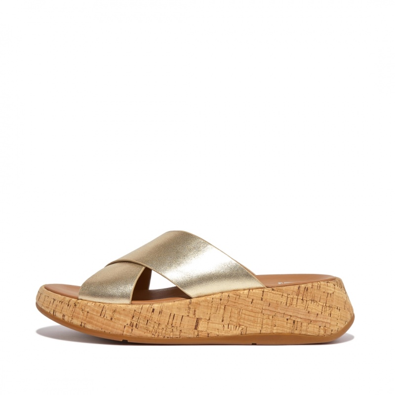 Fitflop F-Mode Metallic Cross Slides Badslippers Dames Goud | NL-RVG-278094