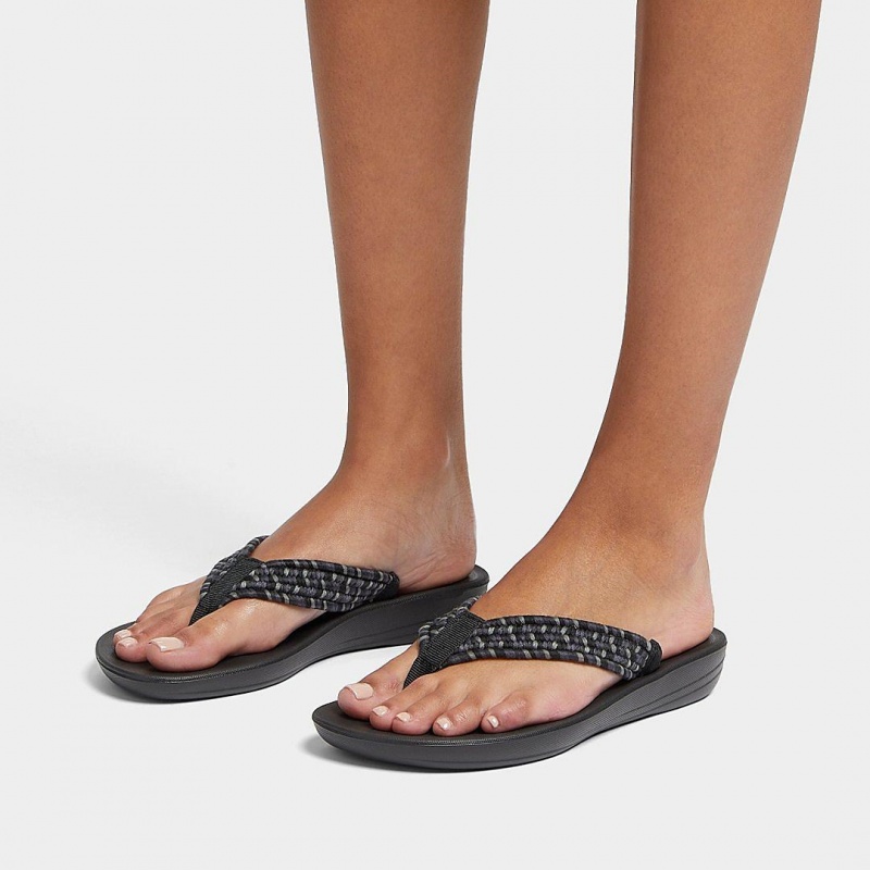 Fitflop Iqushion Katoenen Webbing Flip Flops Teenslippers Dames Zwart | NL-WEP-905678