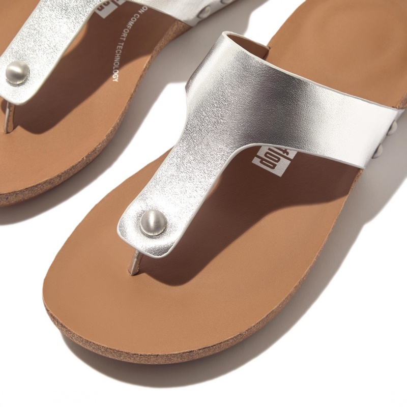 Fitflop Iqushion Leren Thongs Teenpaal Sandalen Dames Zilver | NL-UZL-605279