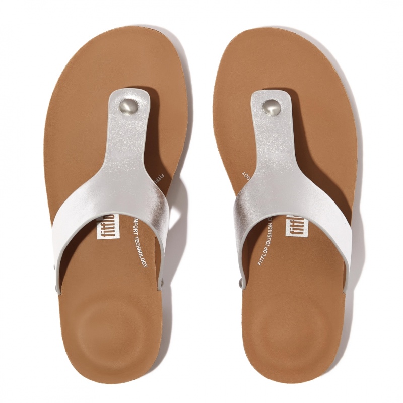 Fitflop Iqushion Leren Thongs Teenpaal Sandalen Dames Zilver | NL-UZL-605279