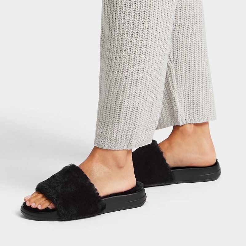 Fitflop Iqushion Shearling Slides Badslippers Dames Zwart | NL-MYD-159863