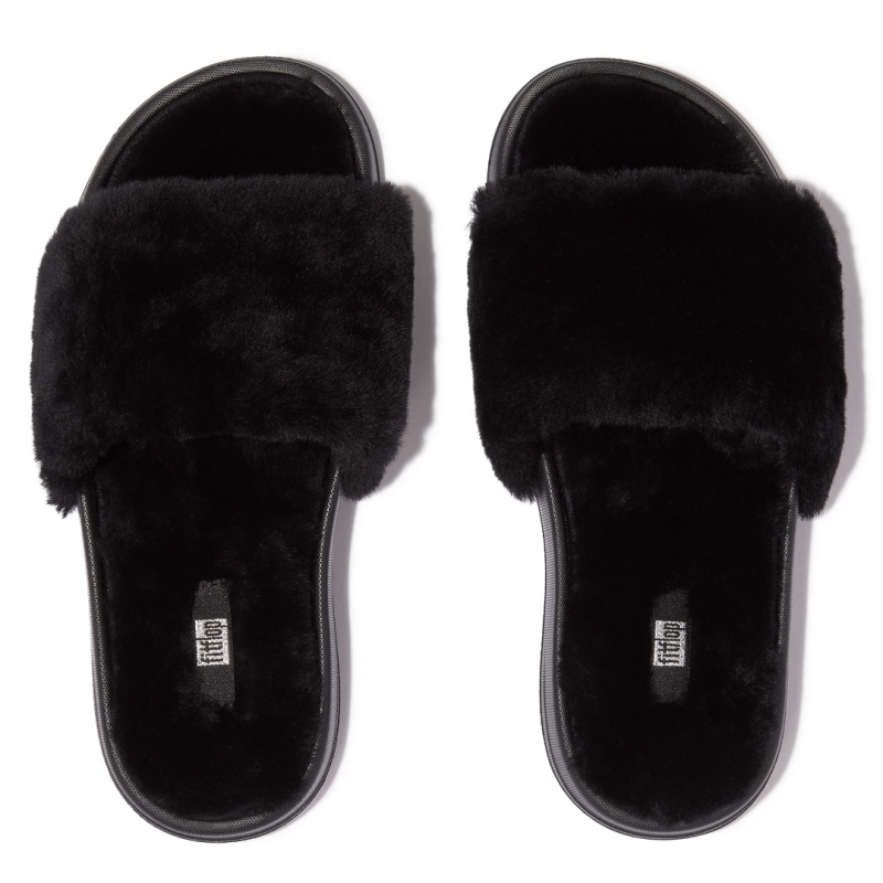 Fitflop Iqushion Shearling Slides Badslippers Dames Zwart | NL-MYD-159863