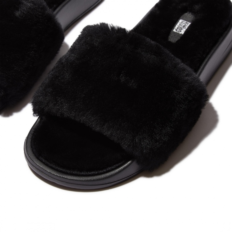 Fitflop Iqushion Shearling Slides Badslippers Dames Zwart | NL-MYD-159863